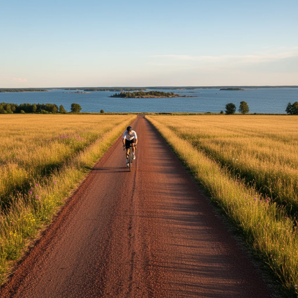 Radfahrer auf einer Landstraße auf Åland mit Schärenblick