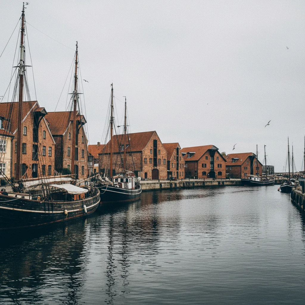 Der Hafen von Marstal mit historischen Segelschiffen und Lagerhäusern
