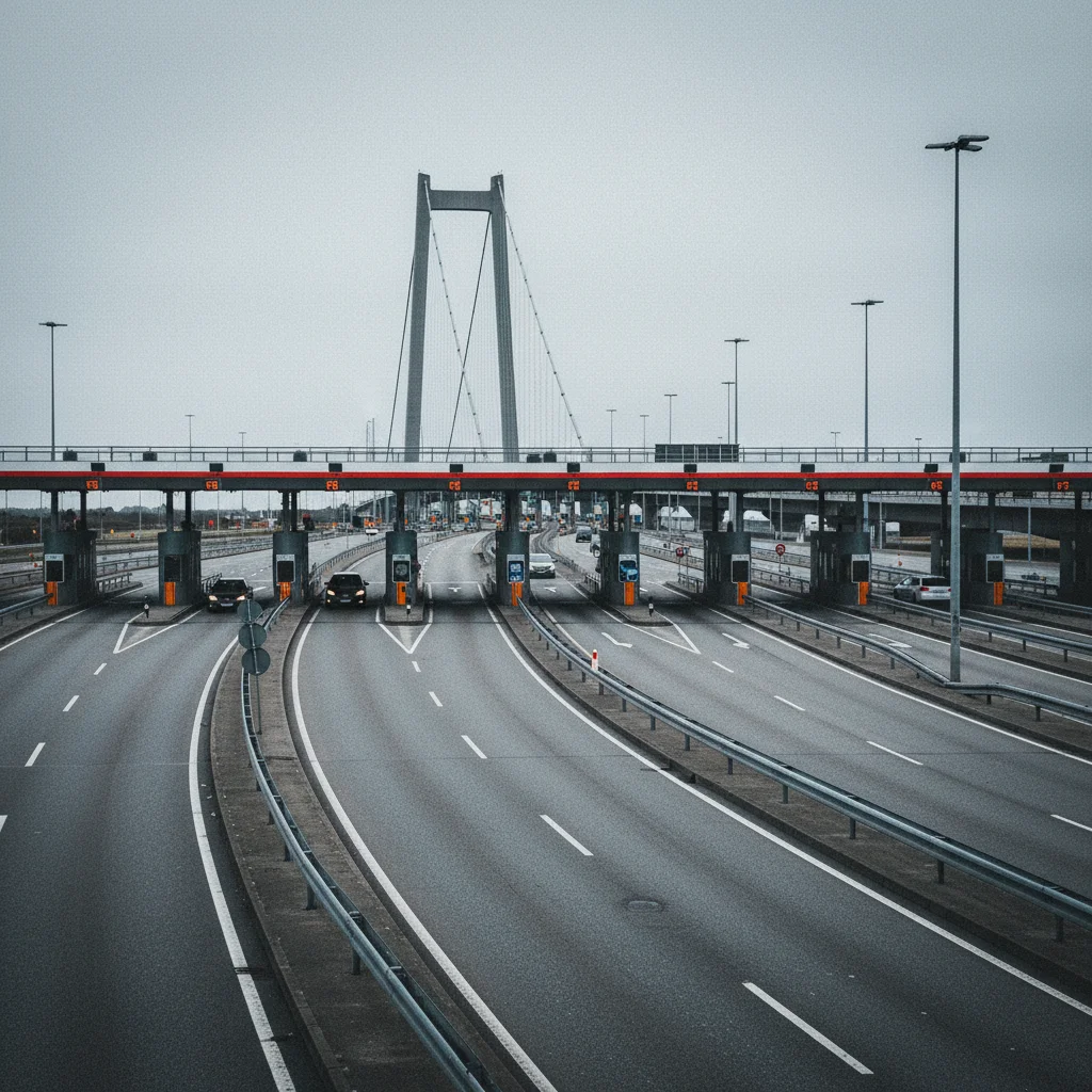 Mautstation an der Storebæltbrücke mit verschiedenen Fahrspuren