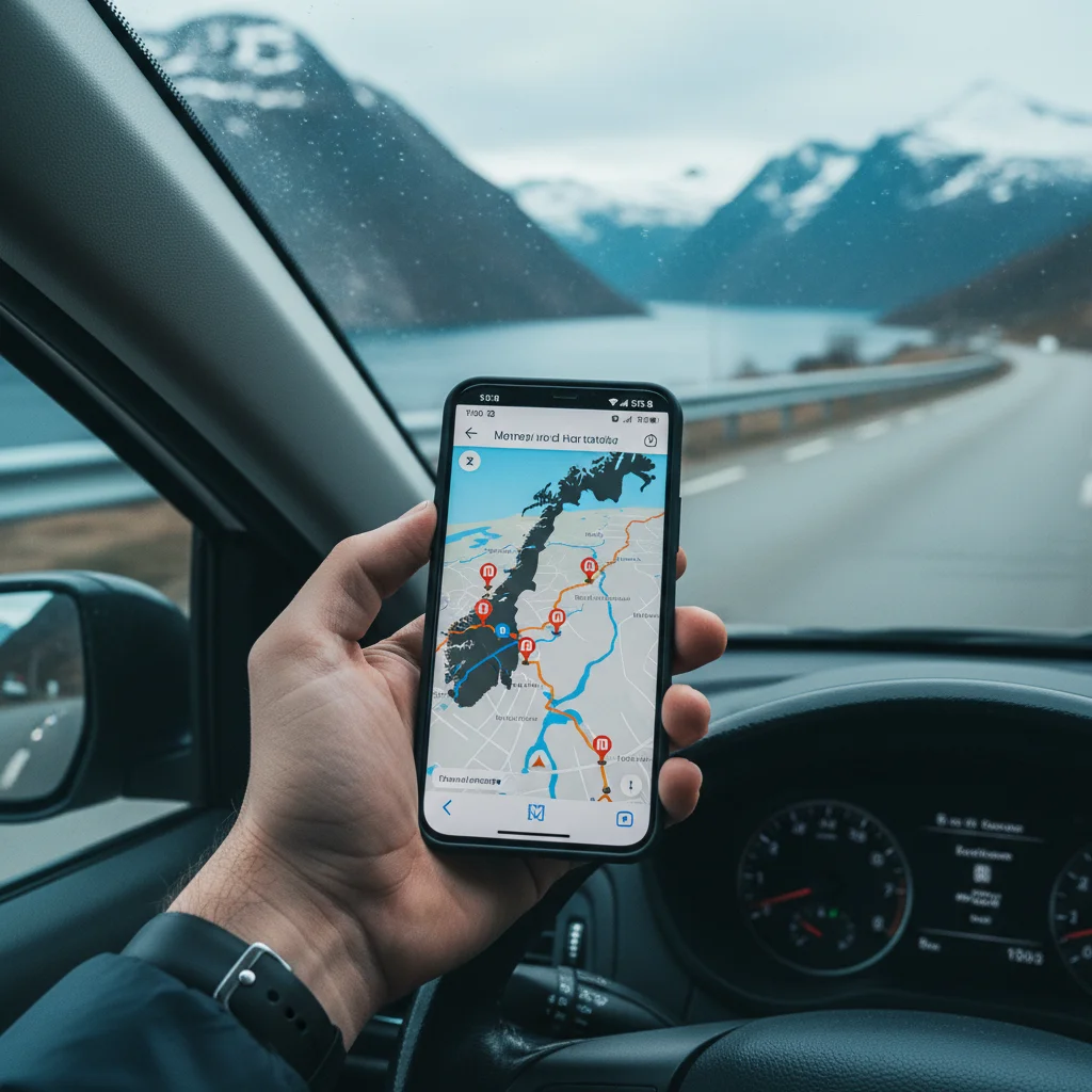 Smartphone mit Navigations-App und Mautstationen auf einer norwegischen Karte