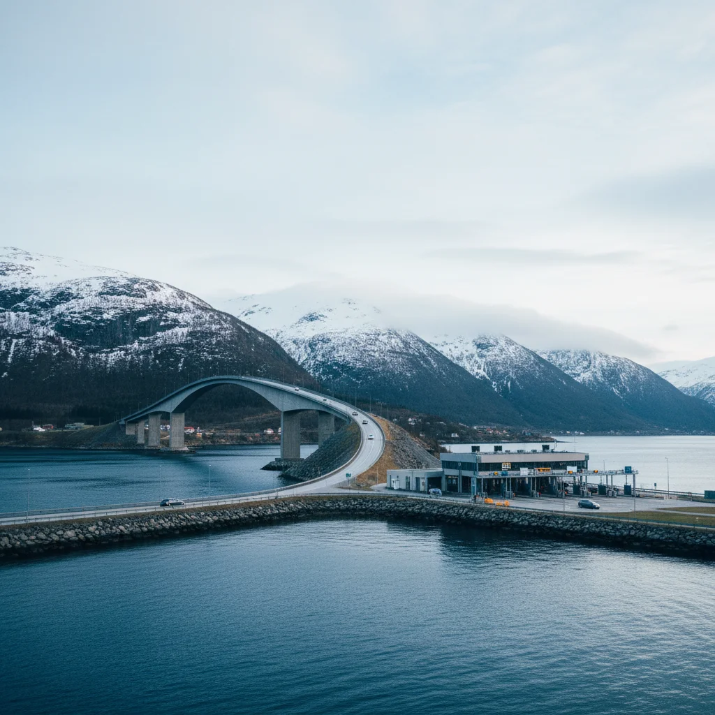 Norwegische Brücke über einen Fjord mit Mautportal