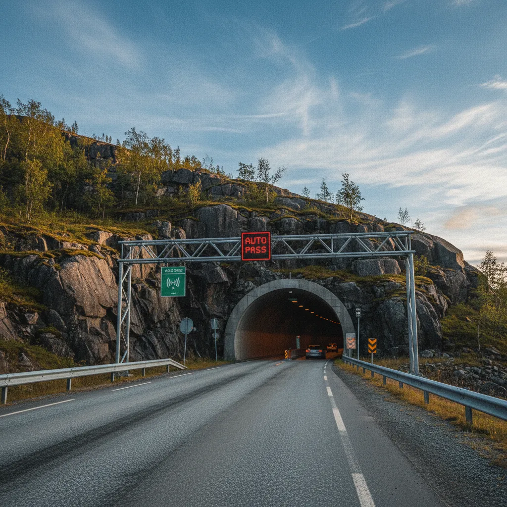 Einfahrt eines norwegischen Straßentunnels mit Mautschild