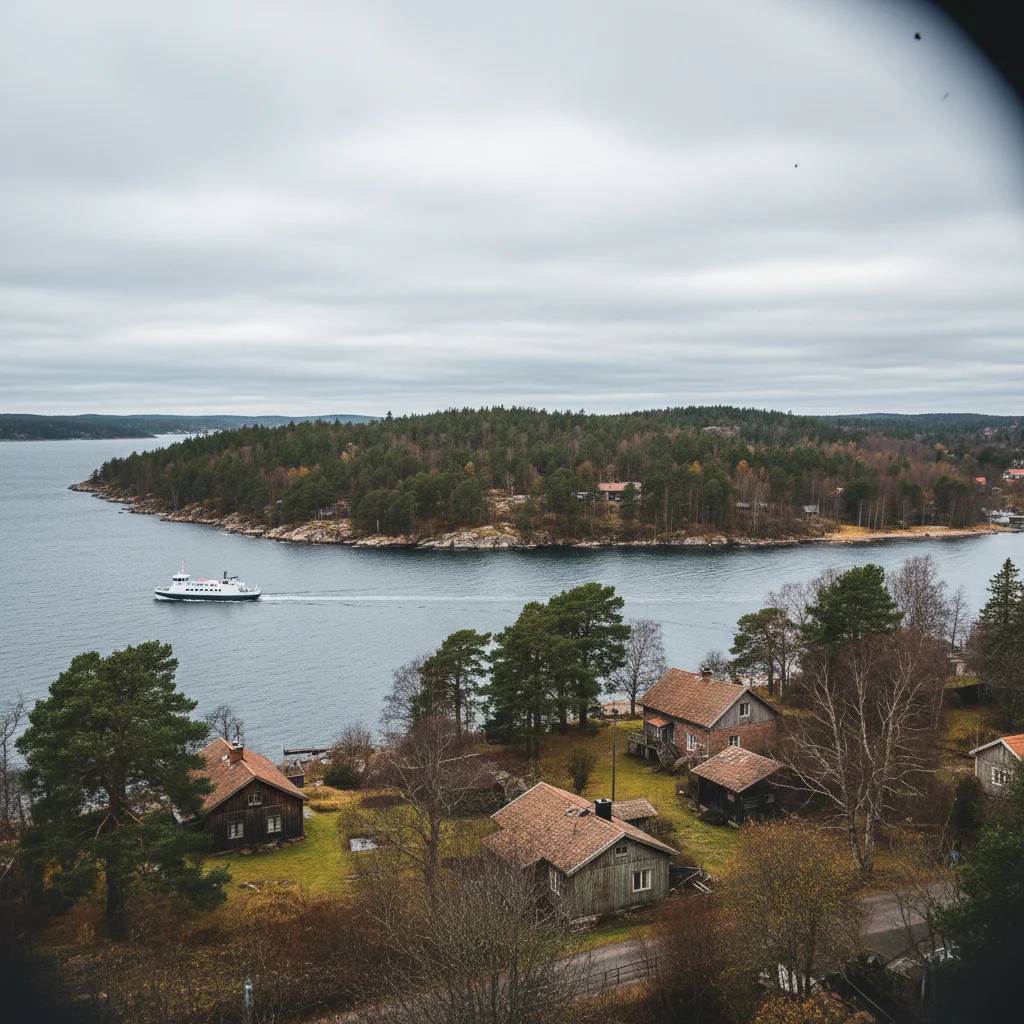 Insel Alnön bei Sundsvall mit roten Häusern am Wasser und grünen Feldern