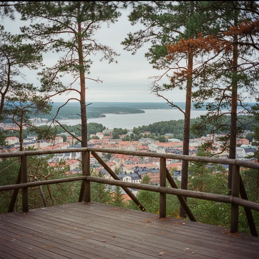 Aussicht vom Berg über Medelpad mit Wald und Flusstal bei klarem Sommerwetter
