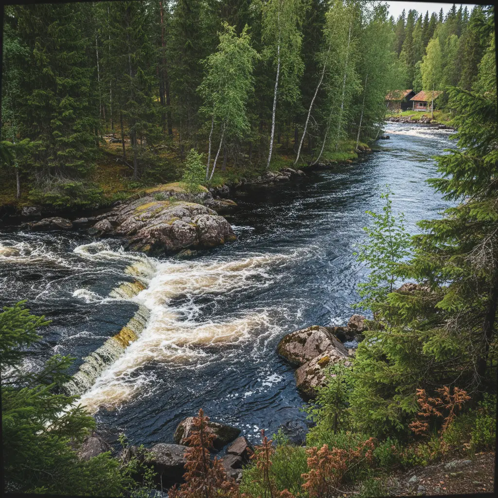 Fluss in Medelpads Hinterland, umgeben von dichtem Nadelwald und Felsen