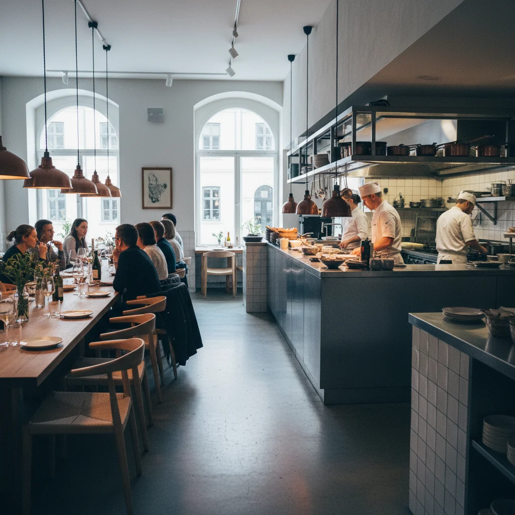 Elegantes Restaurant-Interieur in Kopenhagen mit offenem Küchenbereich