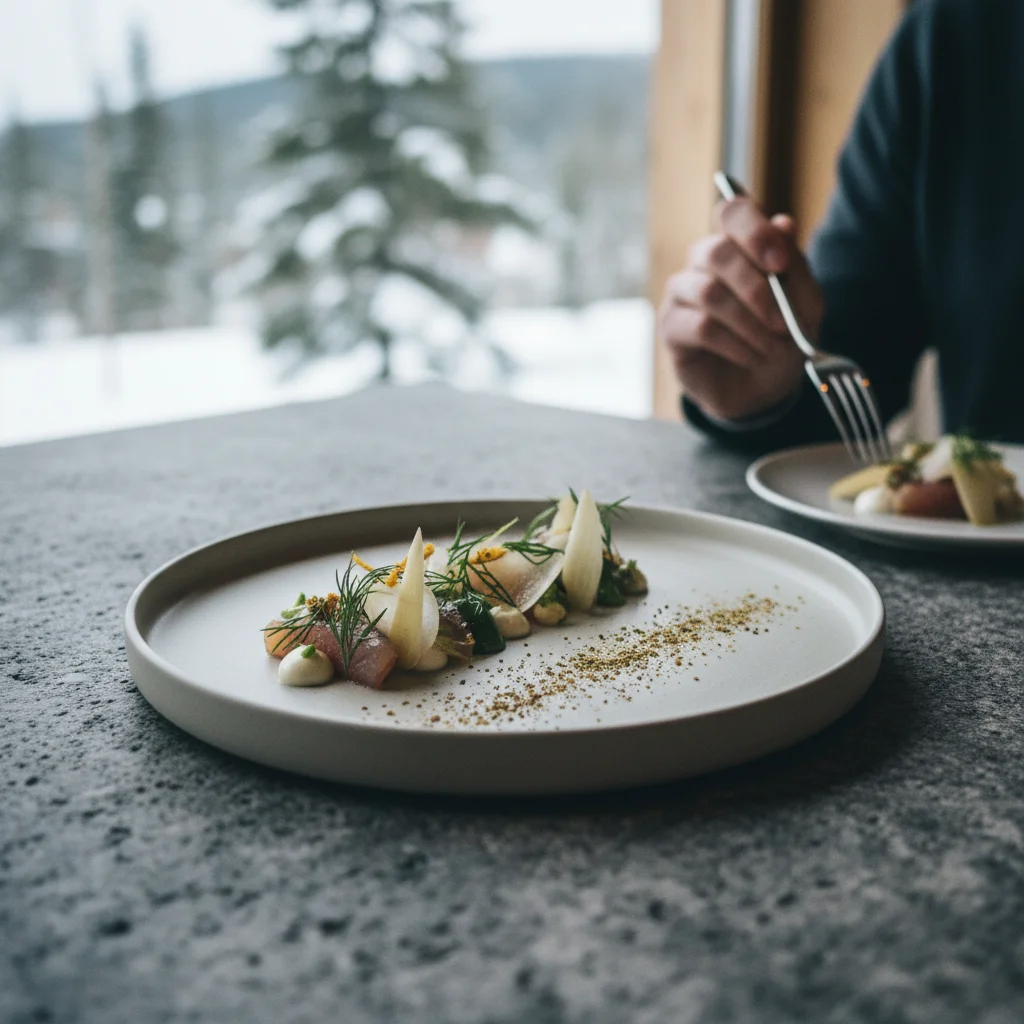 Gang im Maaemo-Stil mit nordischen Zutaten auf minimalistischem Teller