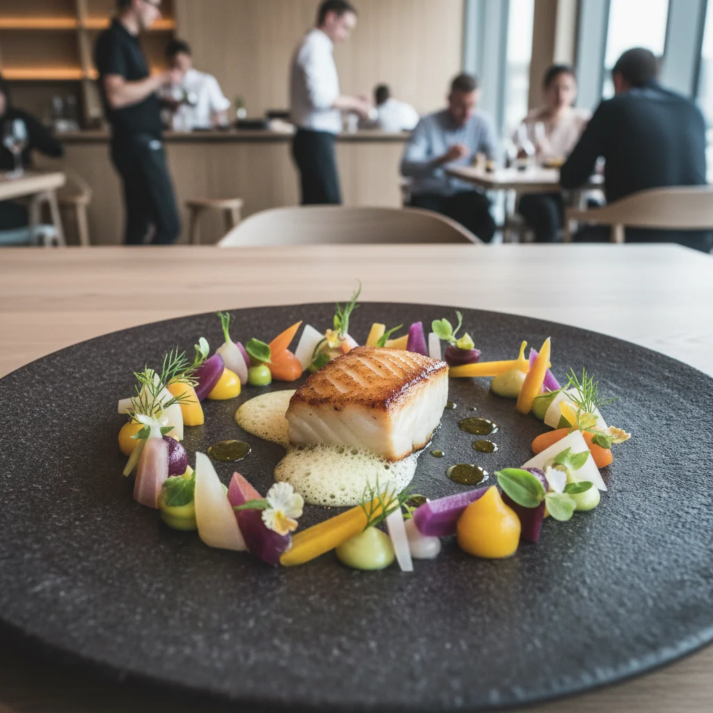 Aufwendig angerichteter Teller in einem skandinavischen Sternerestaurant