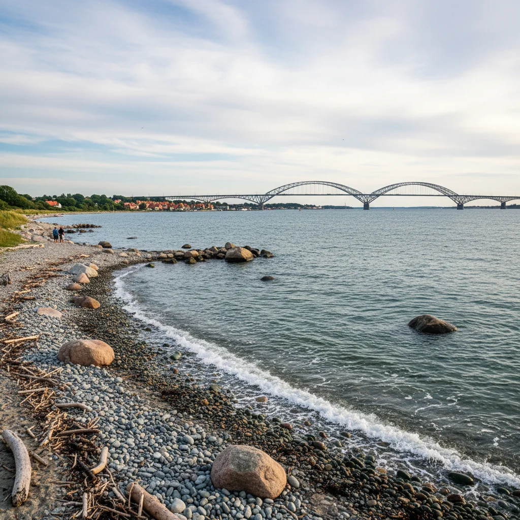 Strand bei Middelfart am Kleinen Belt mit Blick auf die Brücken