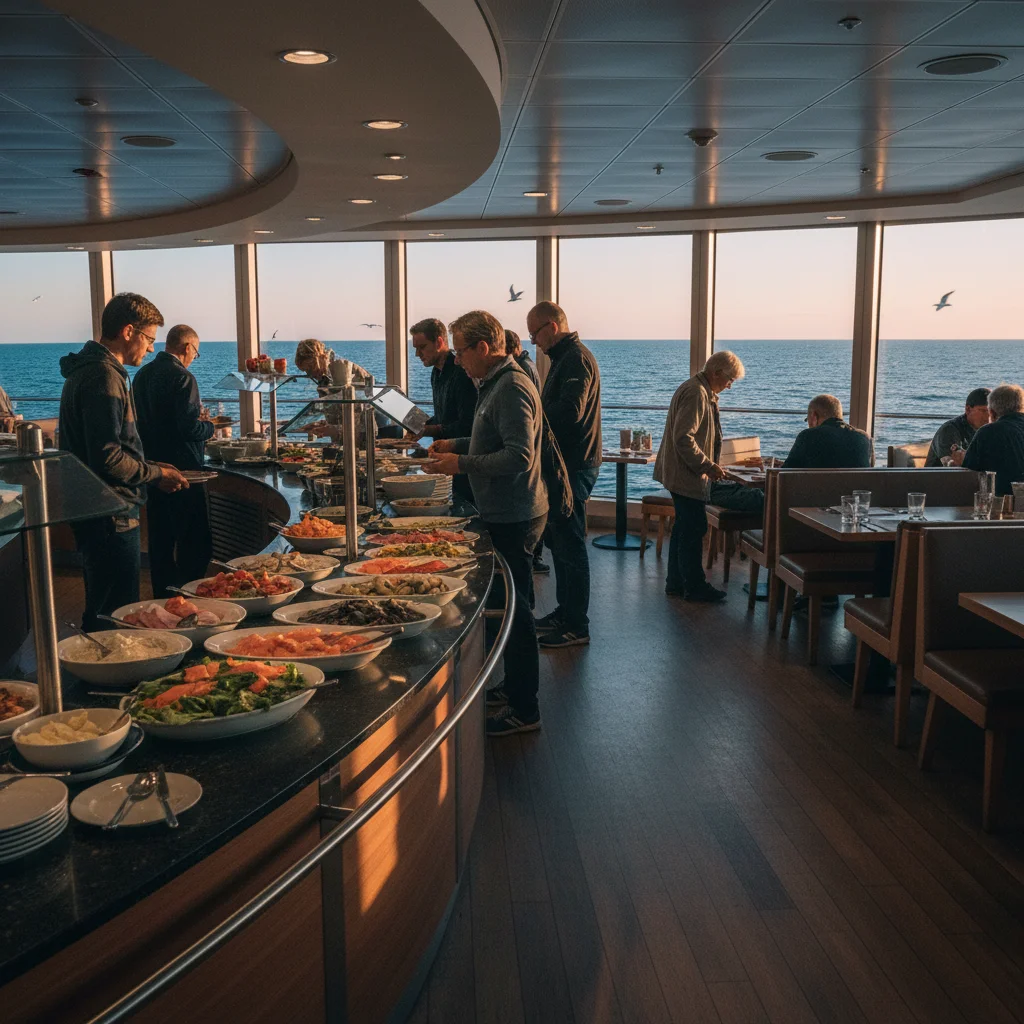 Restaurant-Buffet auf einer skandinavischen Fähre mit Blick aufs Meer