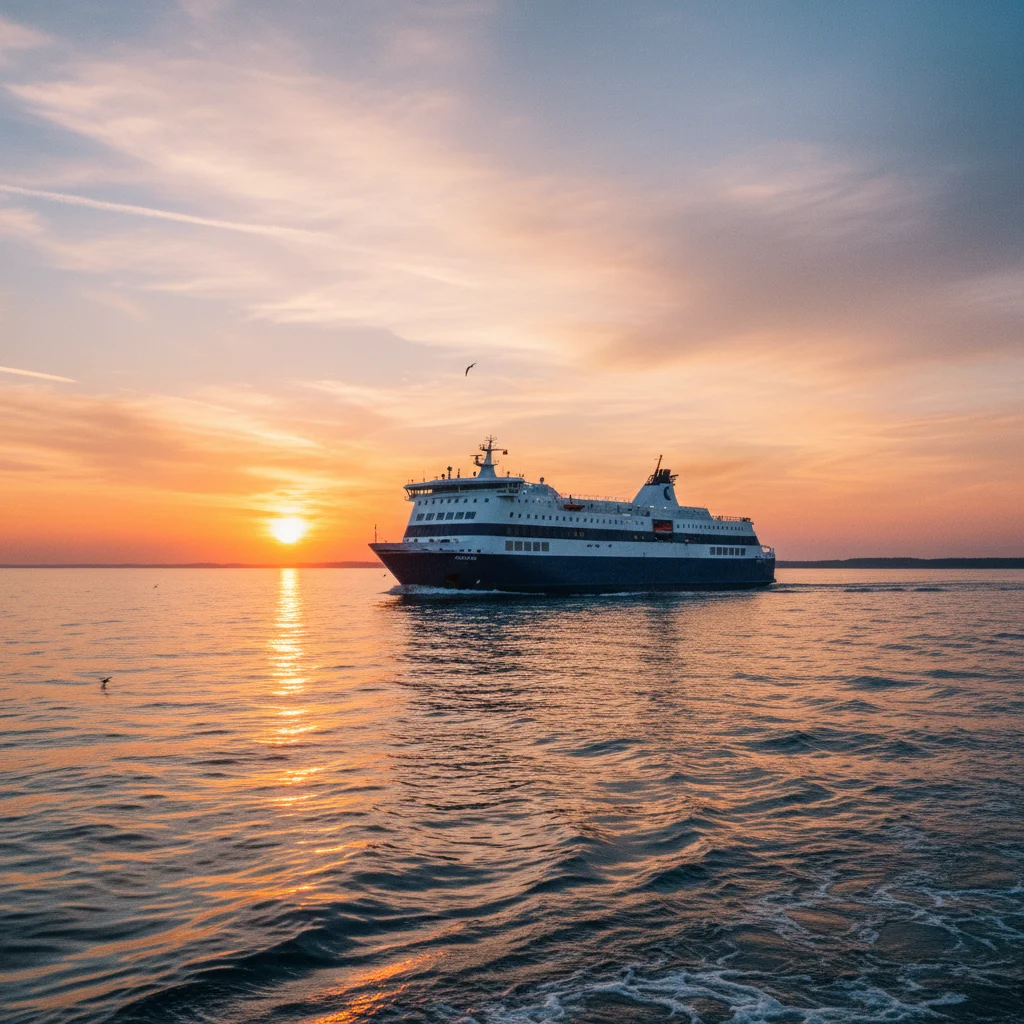 Große Passagierfähre auf der Ostsee bei Sonnenuntergang
