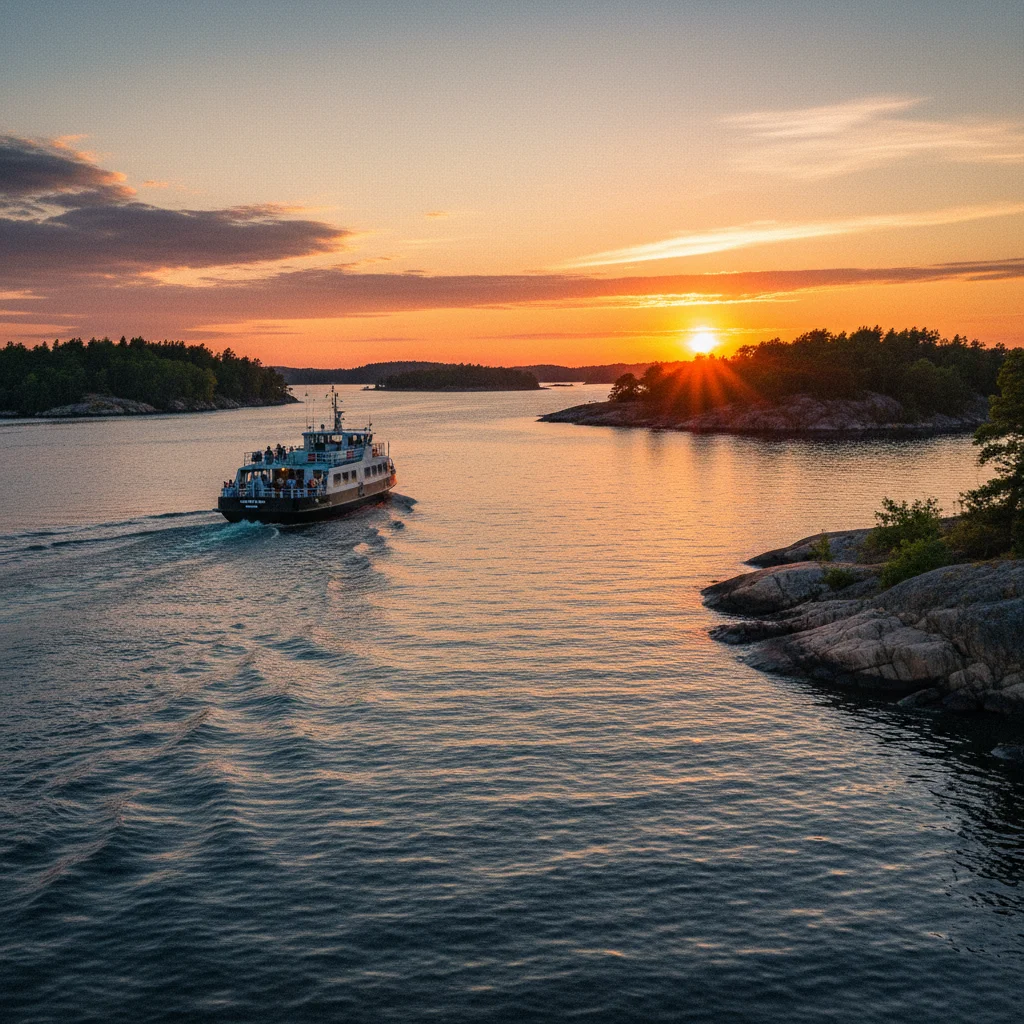 Fähre fährt durch die Stockholmer Schären bei Sonnenuntergang