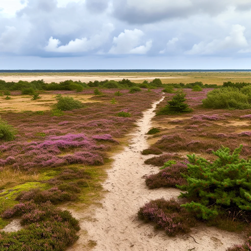 Heidelandschaft in Mitteljütland mit blühender Heide und Wanderweg