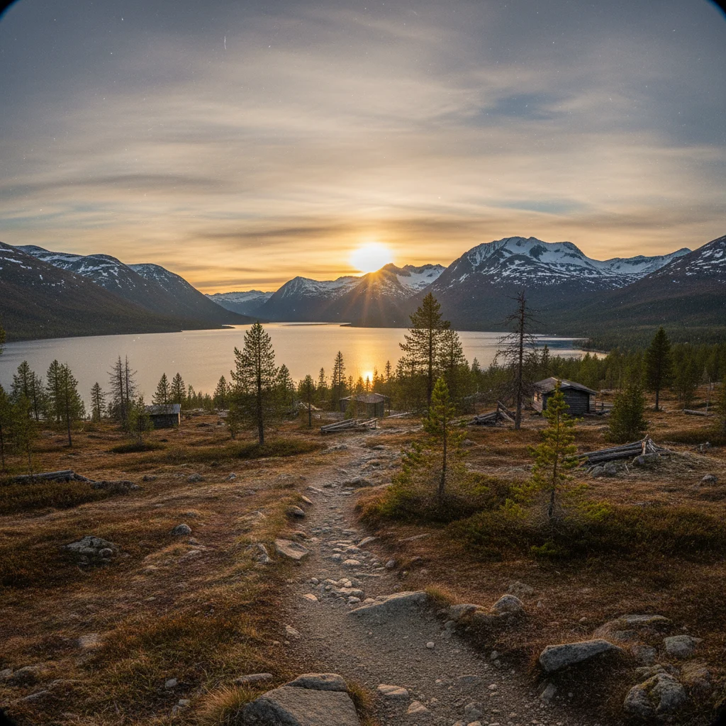 Mitternachtssonne über dem Torneträsk-See bei Abisko in Schwedisch-Lappland