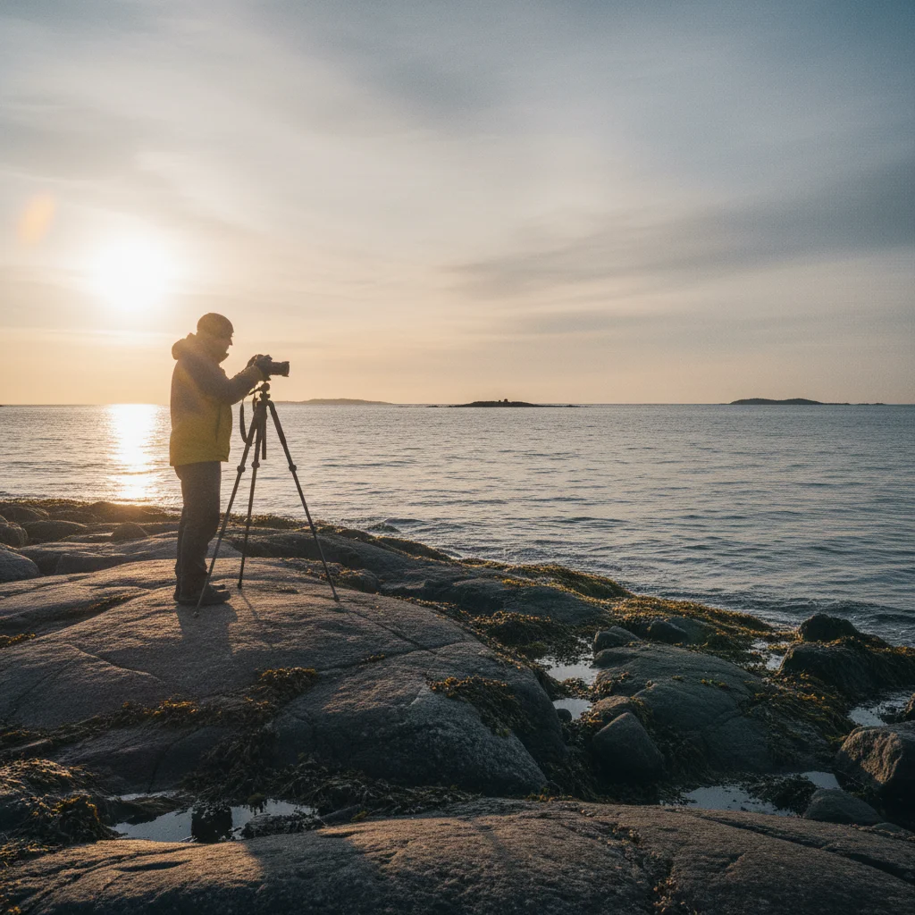 Fotograf mit Stativ am Meer unter der Mitternachtssonne