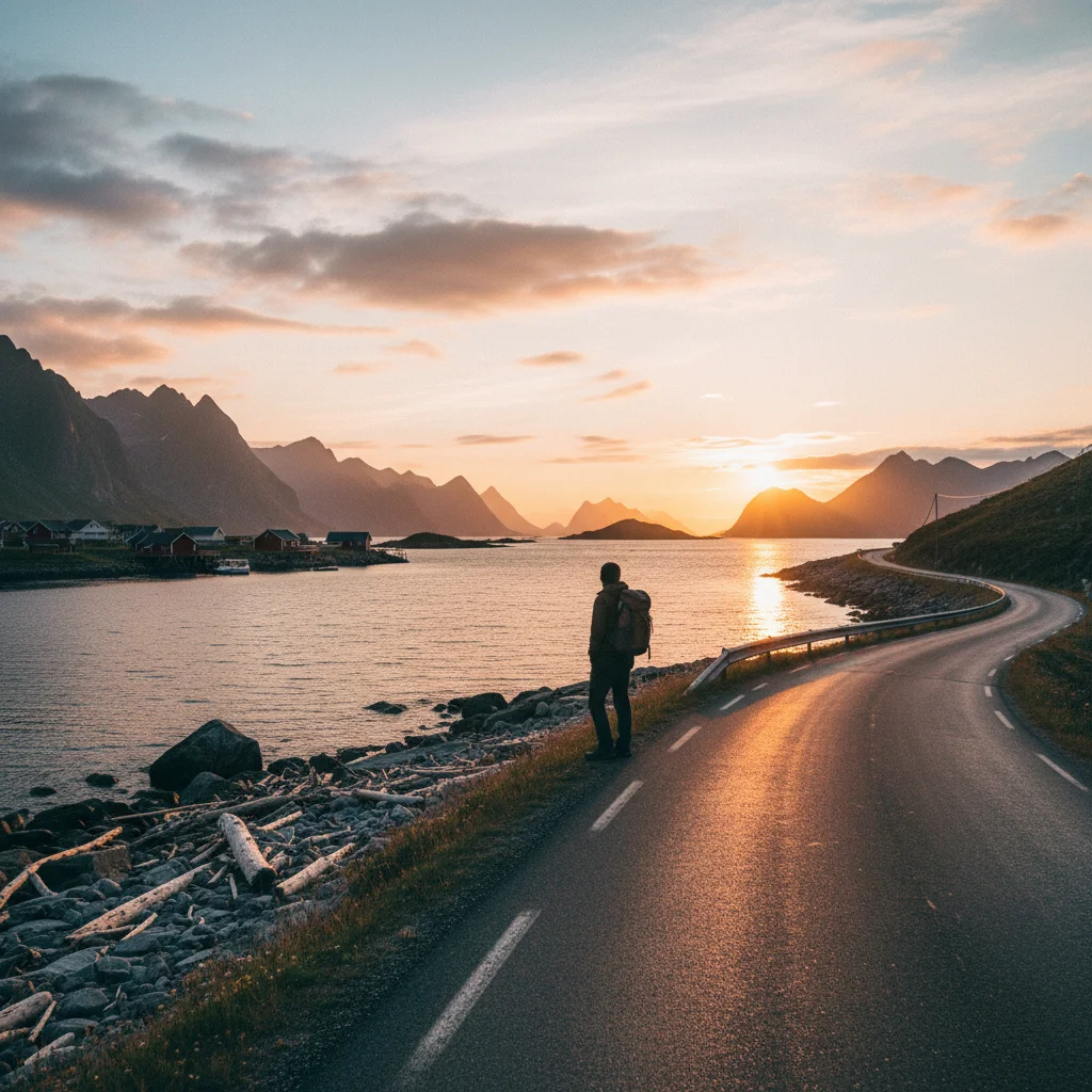 Sonne über dem Horizont um Mitternacht an der norwegischen Küste