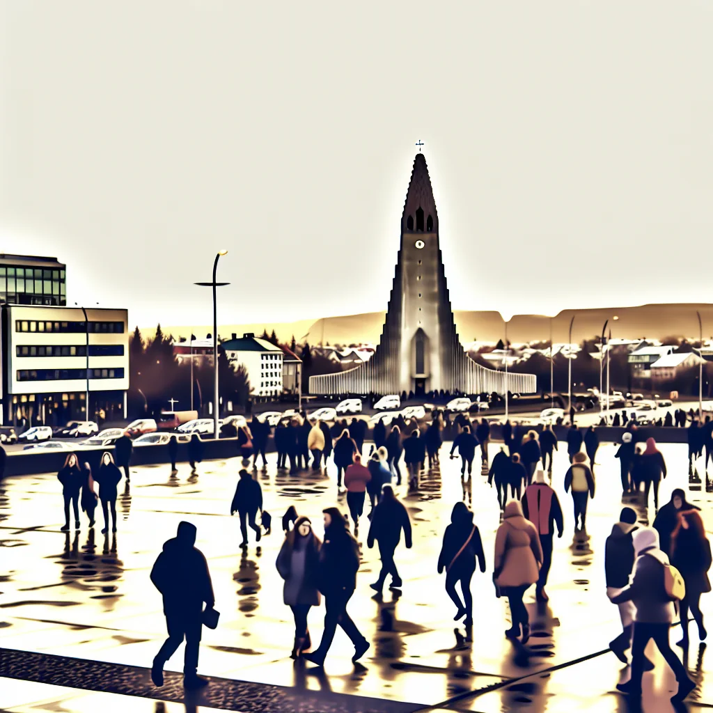 Reykjavik im warmen Abendlicht der Mitternachtssonne mit der Hallgrímskirkja