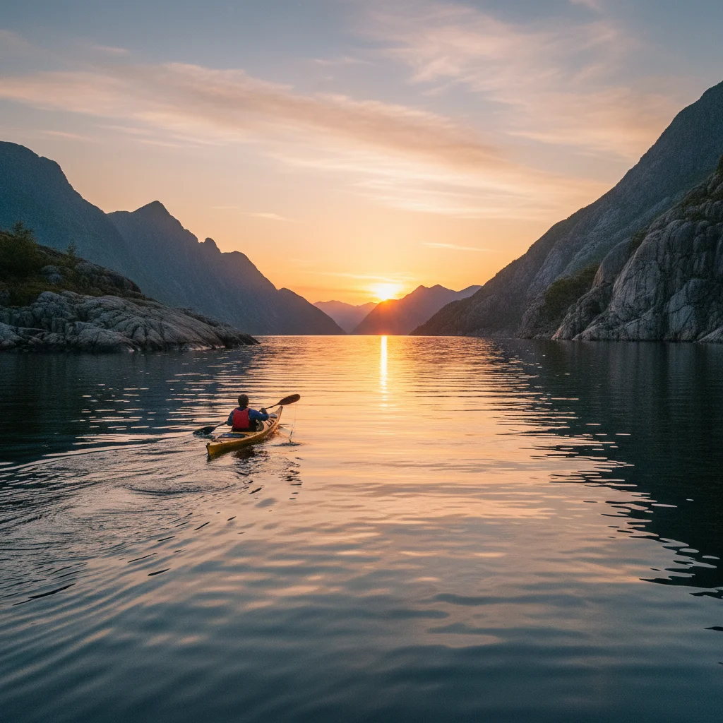 Kajakfahrer auf einem Fjord im goldenen Licht der Mitternachtssonne