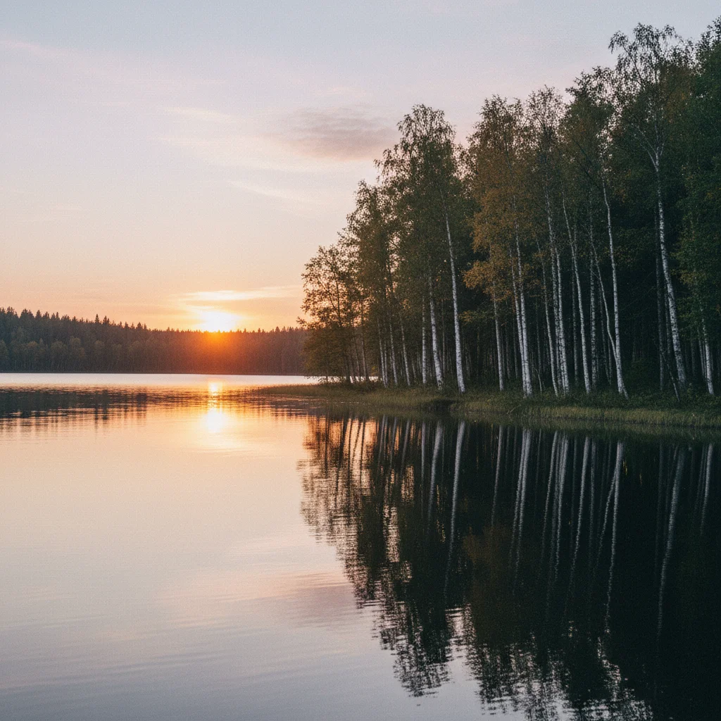 Mitternachtssonne über einem stillen See in Lappland mit Birkenwald am Ufer