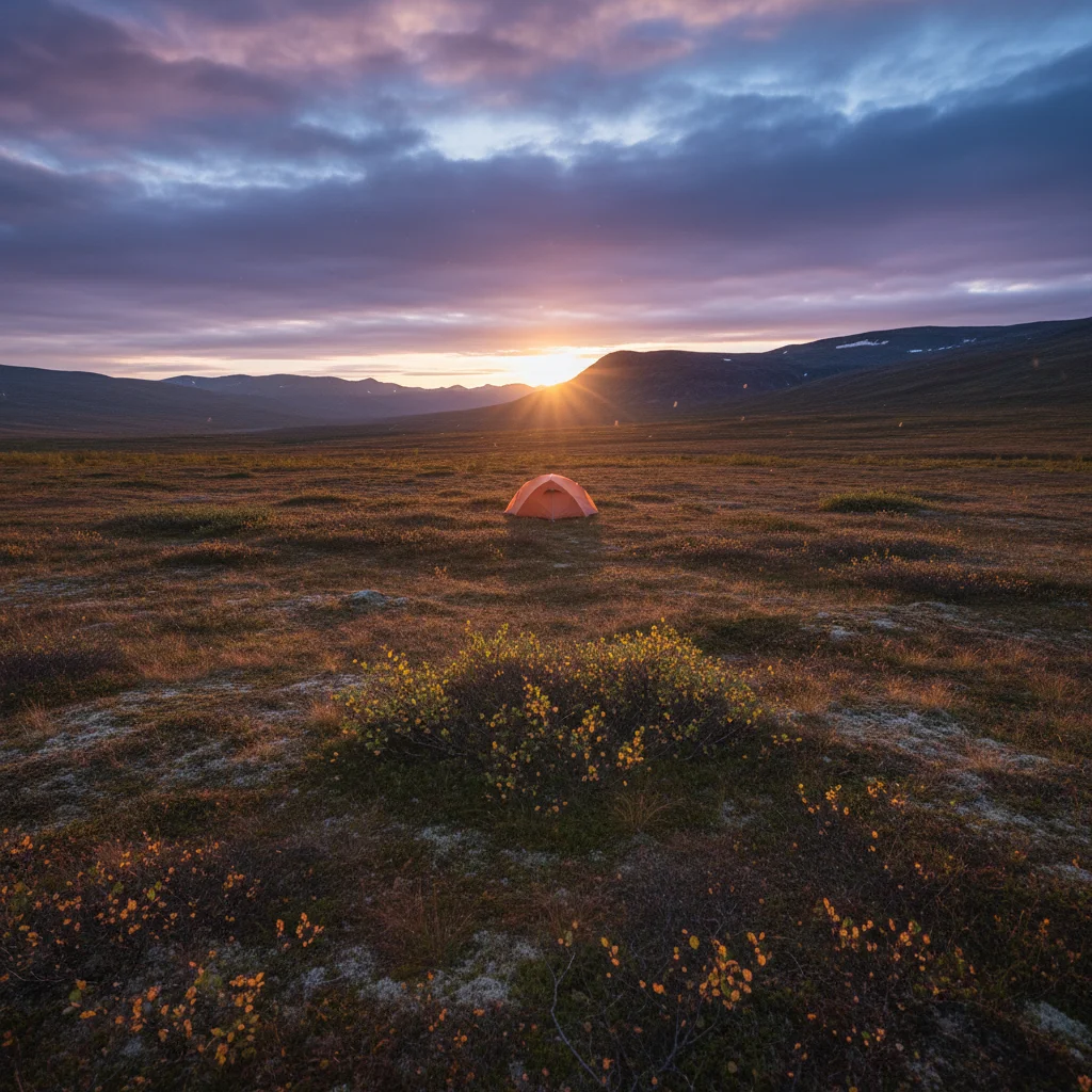 Weite Lappland-Landschaft unter tiefstehender Mitternachtssonne