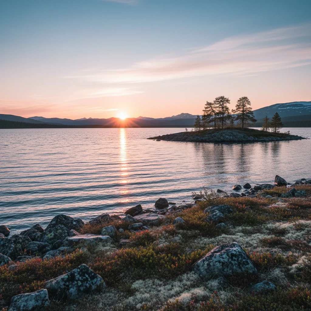 Mitternachtssonne über einem See in Schwedisch-Lappland