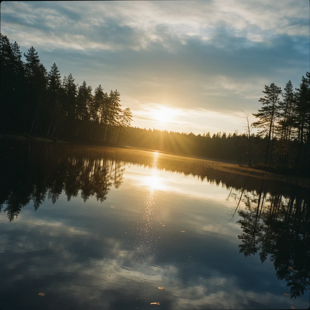Mitternachtssonne spiegelt sich in einem stillen See in Schwedisch-Lappland
