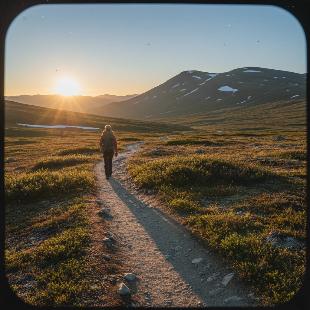 Wanderer auf einem Bergpfad in Schwedisch-Lappland unter der Mitternachtssonne
