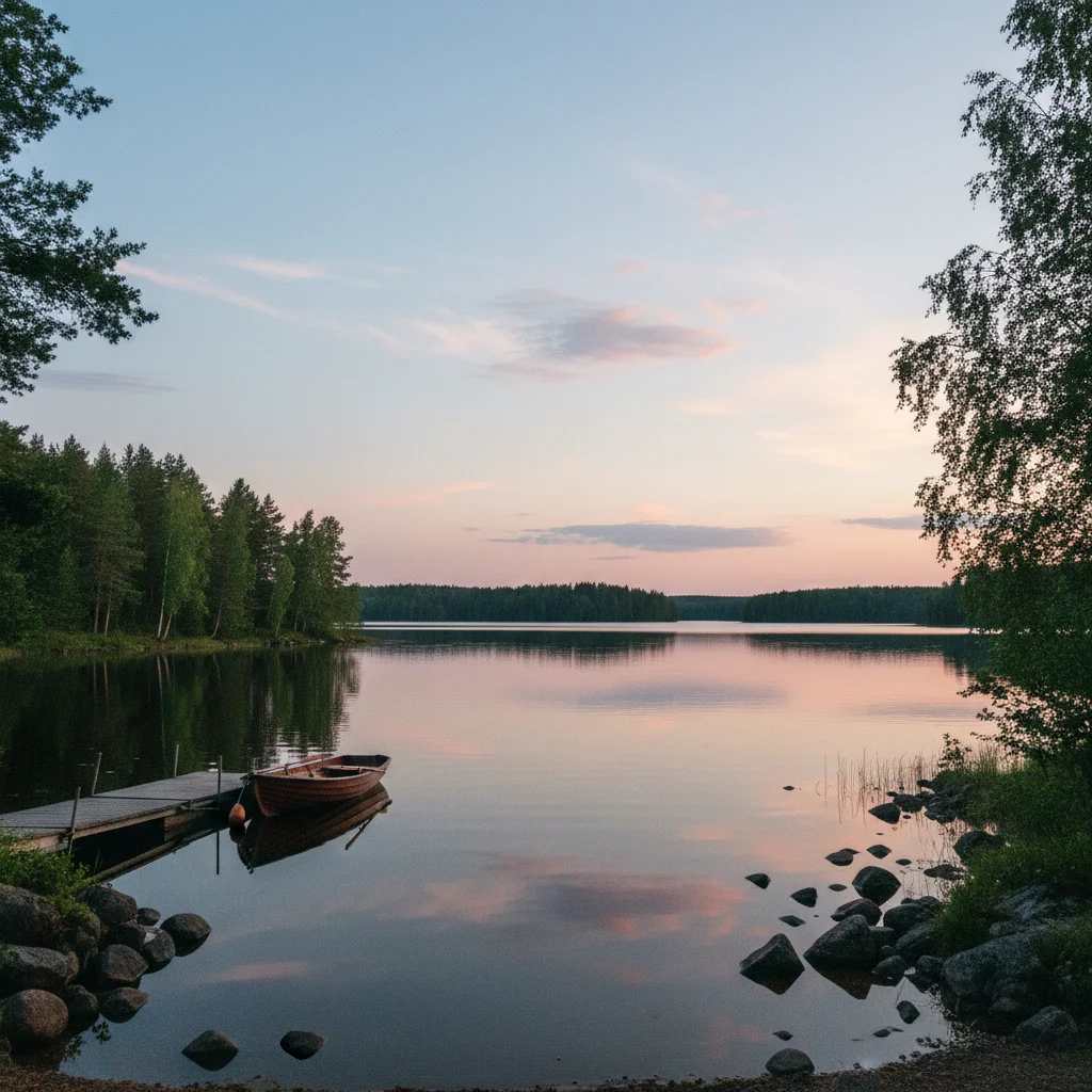 Heller Nachthimmel über einem finnischen See im Sommer