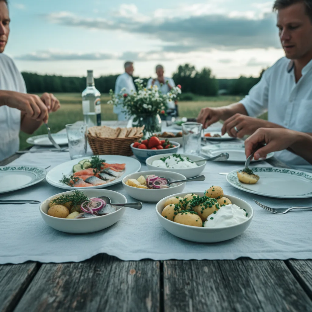 Schwedischer Mittsommertisch mit eingelegtem Hering und Kartoffeln