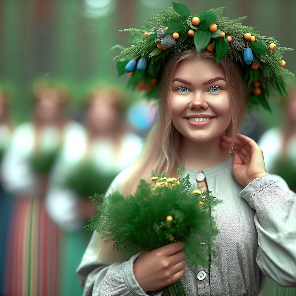 Junge Frau mit Blumenkranz im Haar an Juhannus in Finnland