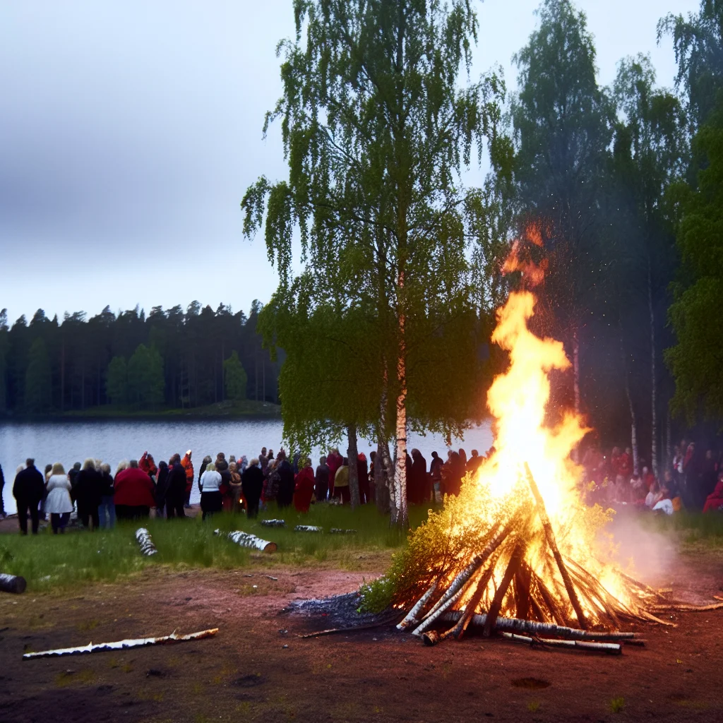 Größes Kokko-Mittsommerfeuer am See in Finnland