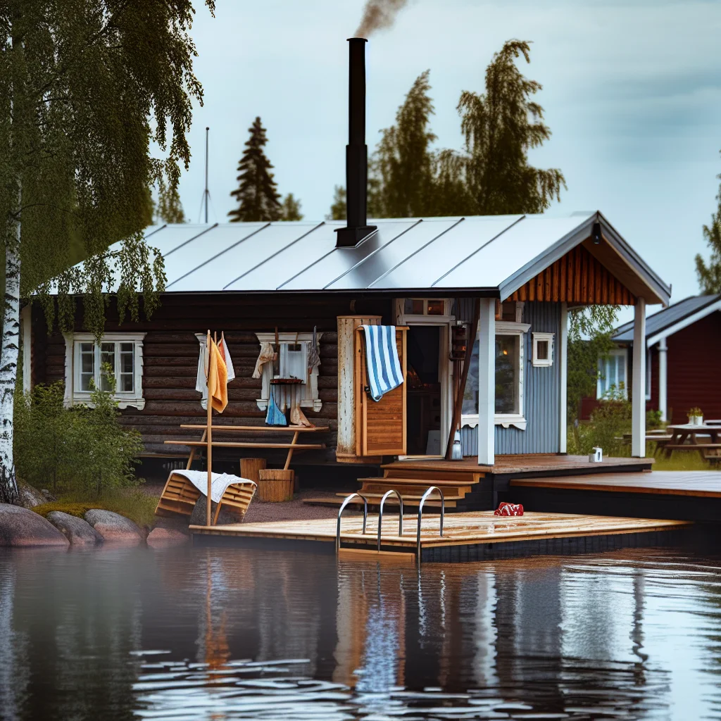 Traditionelles finnisches Moekki am See im Mittsommer