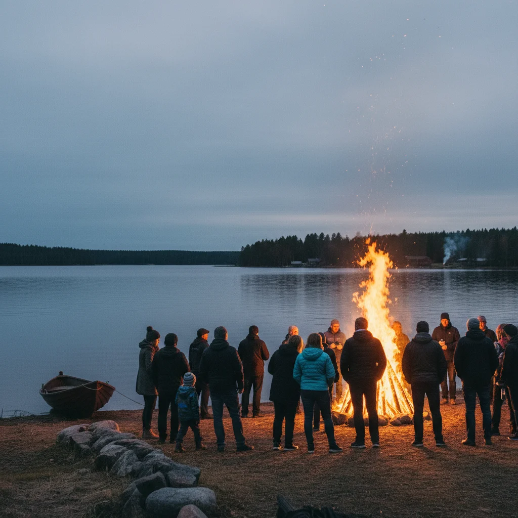 Großes Juhannus-Feuer am Seeufer in Finnland