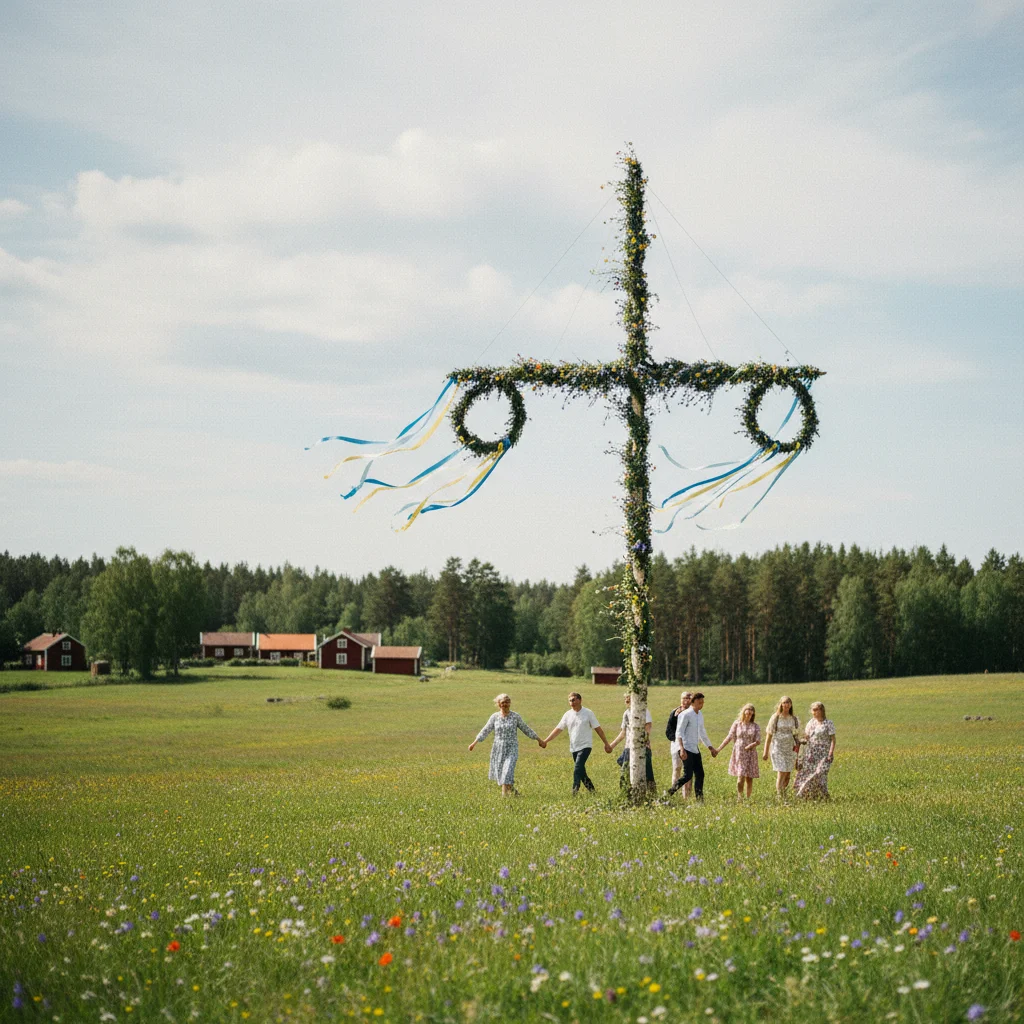 Geschmückte Midsommarstång mit Blumen und Bändern auf einer schwedischen Wiese