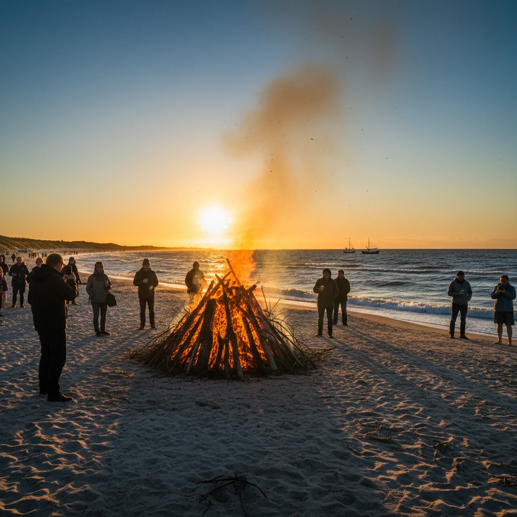 Großes Johannisfeuer am Strand in Dänemark bei Sonnenuntergang