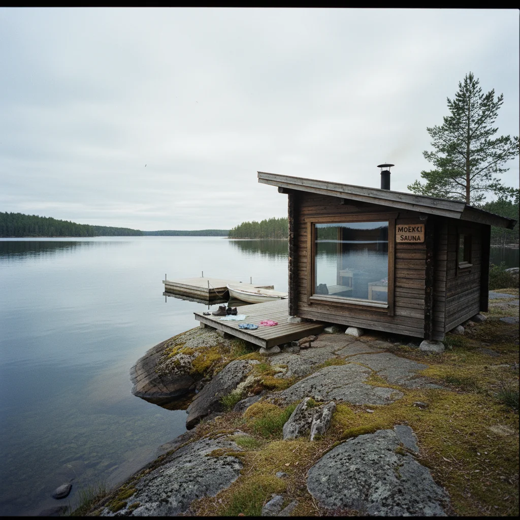 Traditionelle Holzsauna am See eines finnischen Mökkis