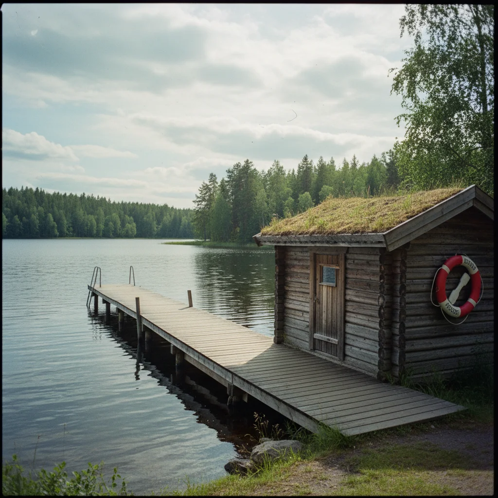 Holzsteg am See vor einem finnischen Mökki