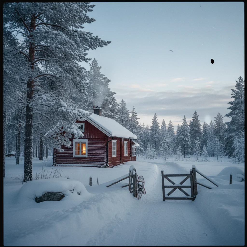 Verschneites Mökki im finnischen Winter