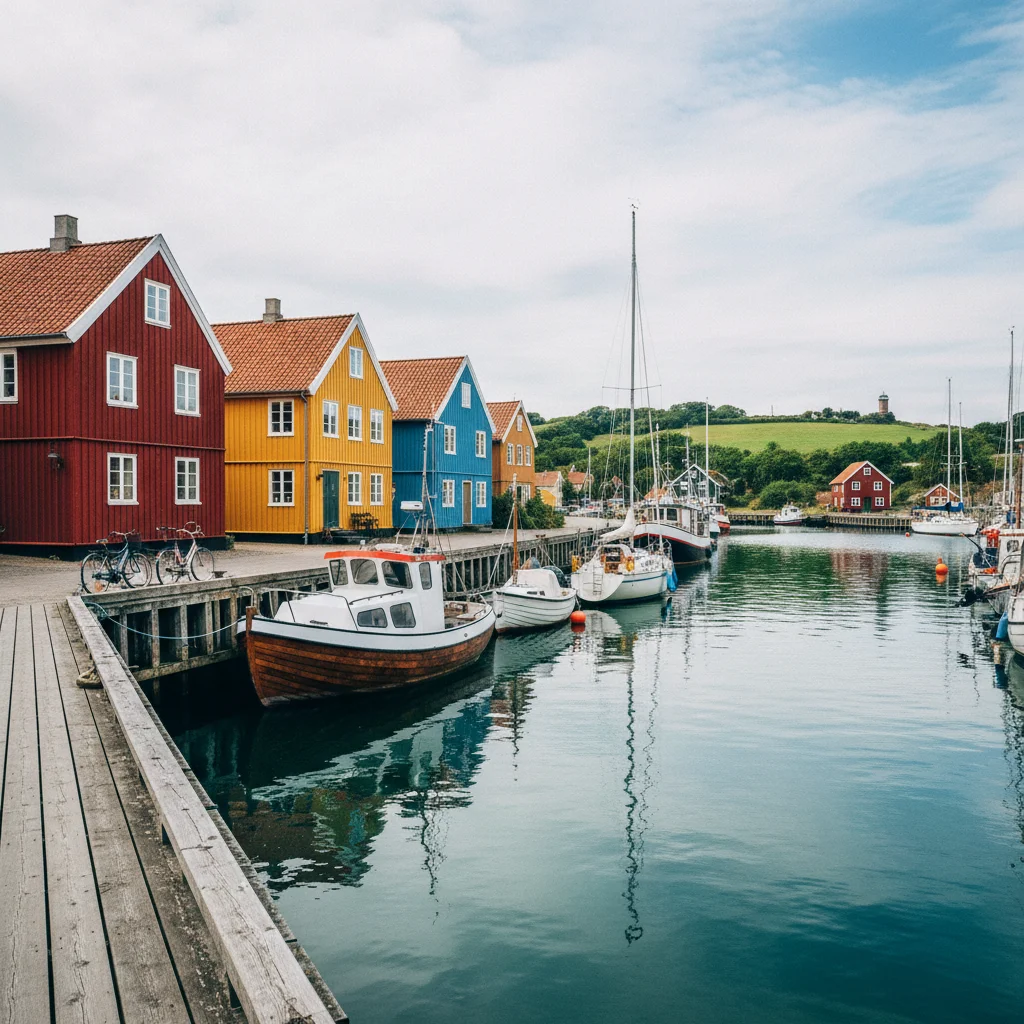 Der kleine Hafen von Stege auf Møn mit bunten Häusern