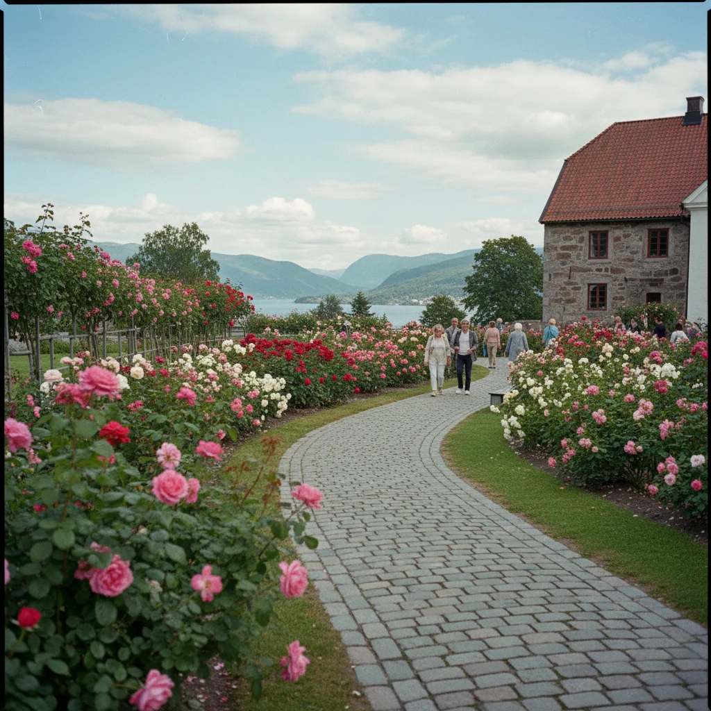 Blühende Rosen in den Gärten von Molde mit dem Fjord im Hintergrund