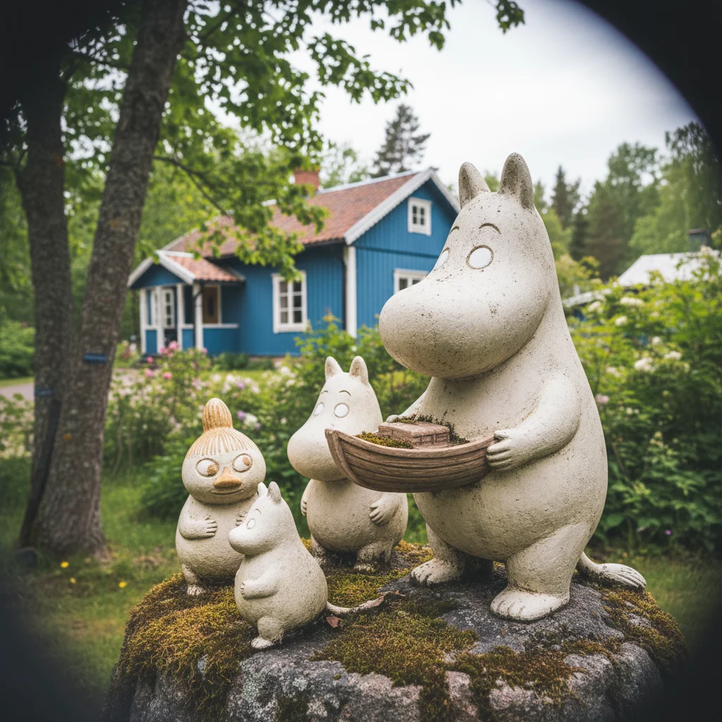 Mumin-Figuren im Park interagieren mit Besuchern