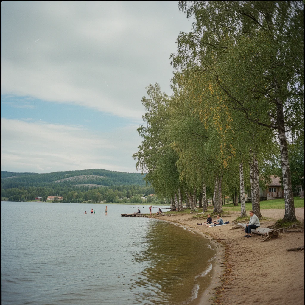 Uferpromenade in Mora am Siljan-See mit Holzsteg und Blick auf das Wasser