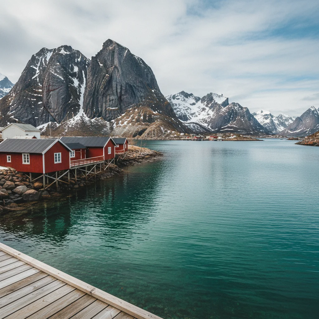Rote Rorbuer in Reine auf Moskenesøy mit Bergkulisse