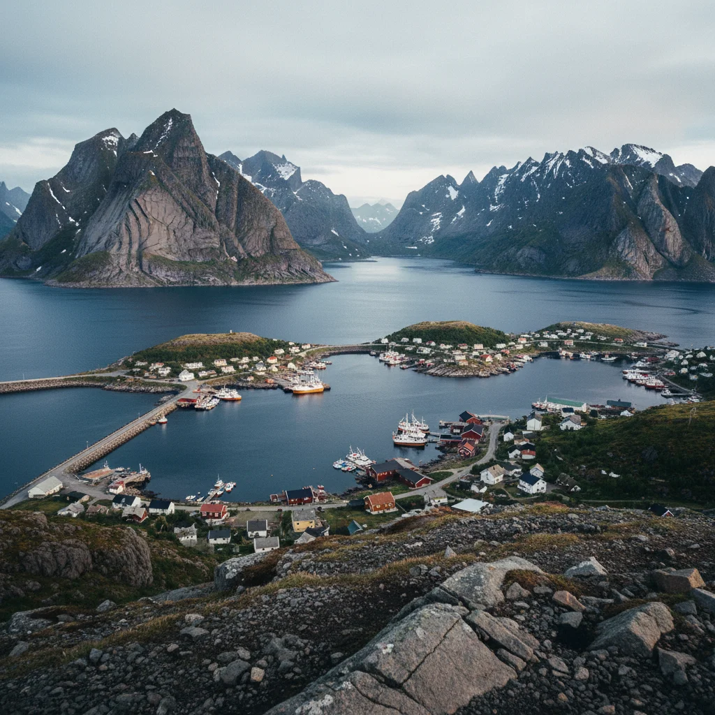 Panoramablick vom Reinebringen auf Reine und die Lofoten