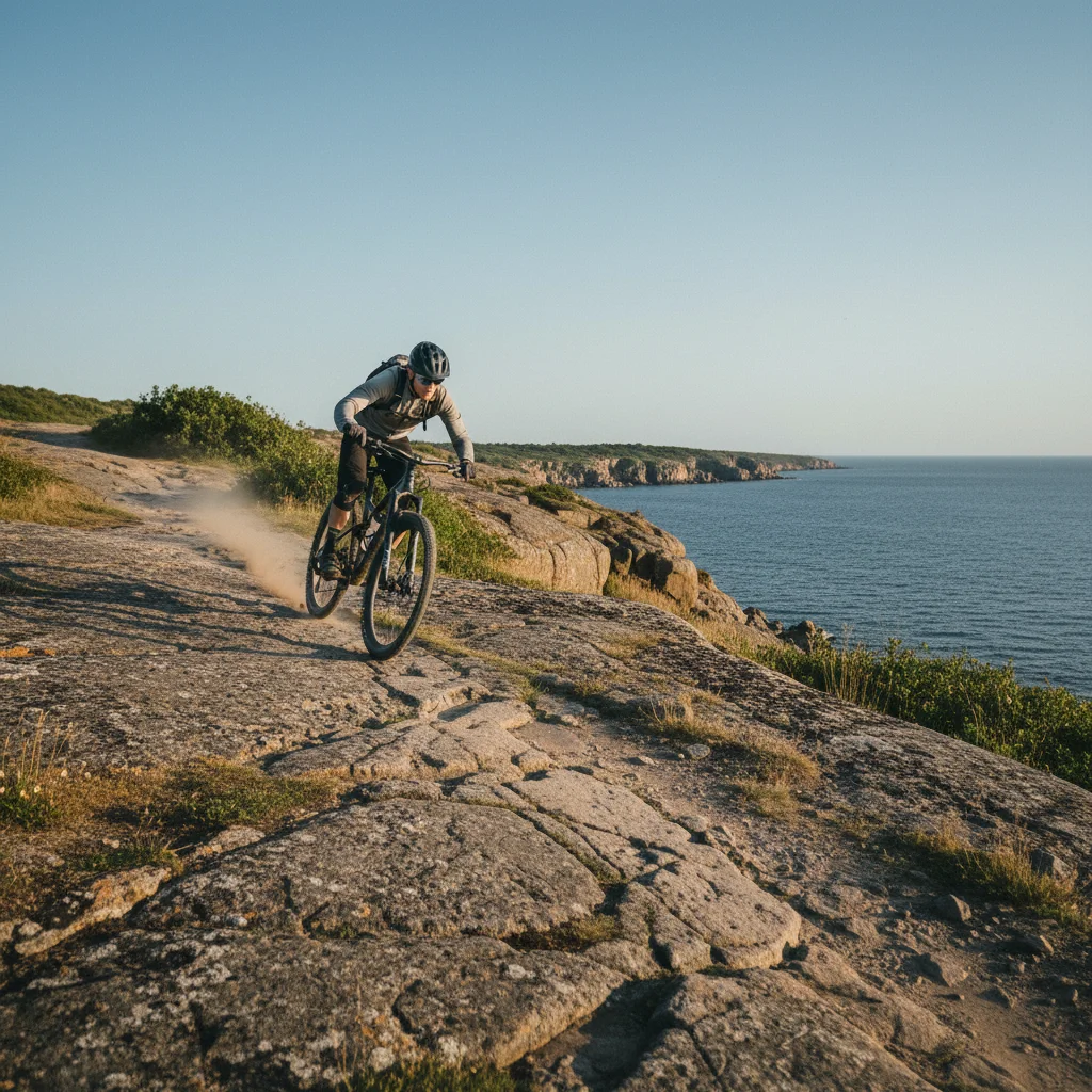 Mountainbiker auf einem felsigen Singletrail auf Bornholm