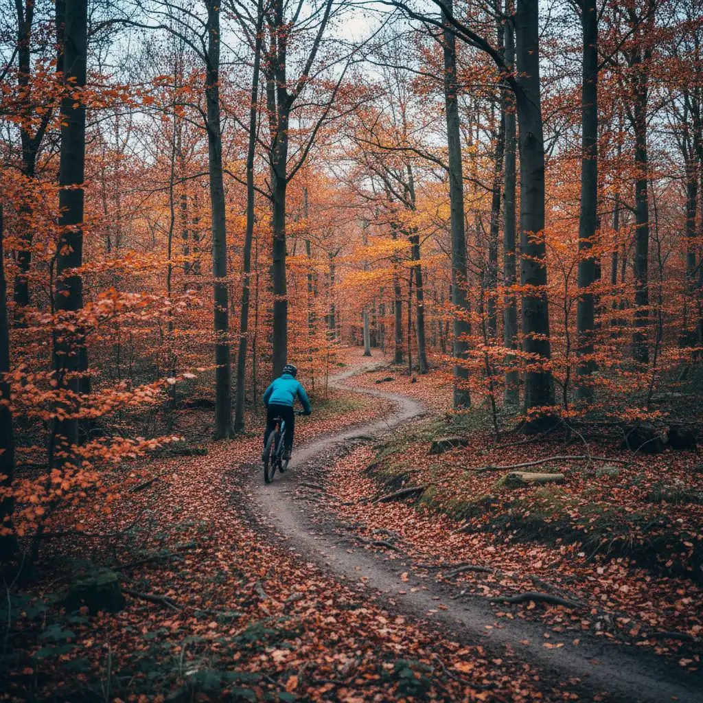 Mountainbike-Trail durch dänischen Buchenwald mit Herbstlaub