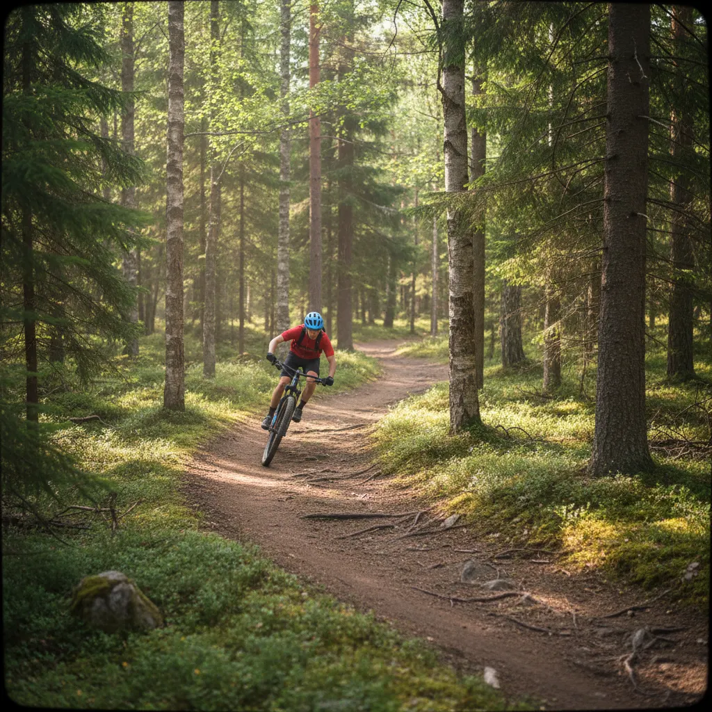 Schmaler Singletrail durch norwegischen Birkenwald