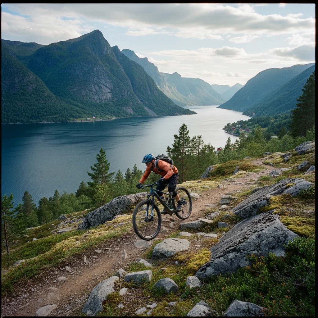 Mountainbiker auf einem Trail mit Fjordblick