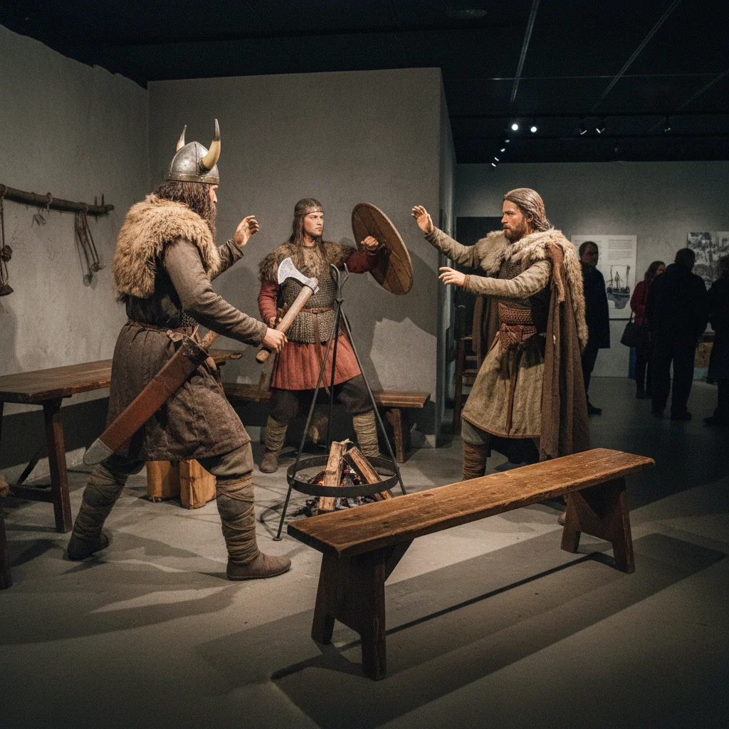 Nachgestellte Wikinger-Szene mit lebensgroßen Figuren im Saga Museum