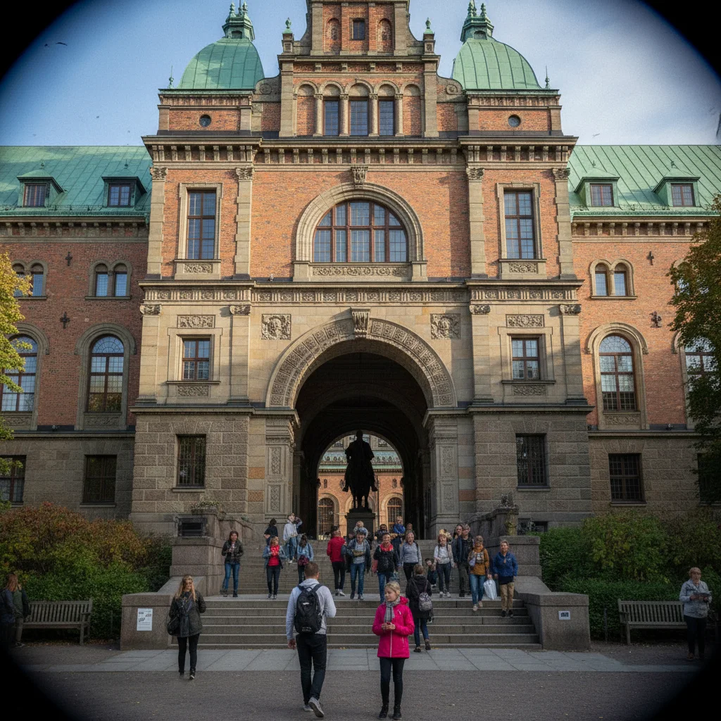 Die große Eingangshalle des Nordiska Museet mit Gustav-Vasa-Statue und gewölbter Decke
